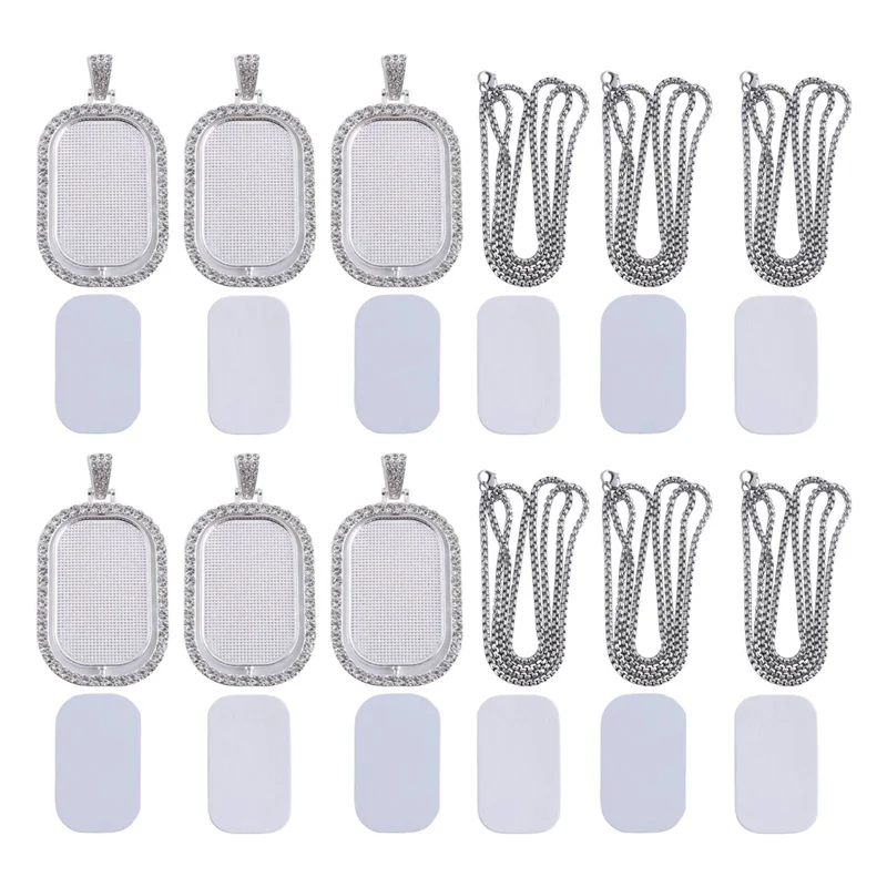WORTHOWN-48Pcs Juego de colgantes de bandejas de diamantes de imitación para sublimación, 12 bandejas de bisel en blanco, 12 cadenas con 24 discos, estilo rectangular
