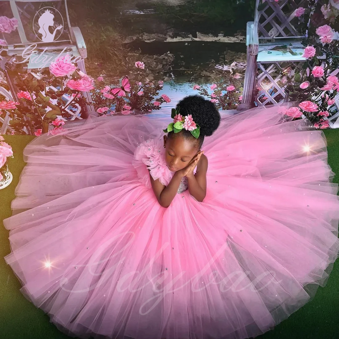 Vestidos de tul rojo para niña de flores para boda, apliques hinchados sin mangas, fiesta de cumpleaños para niños, desfile, vestido de baile de primera comunión