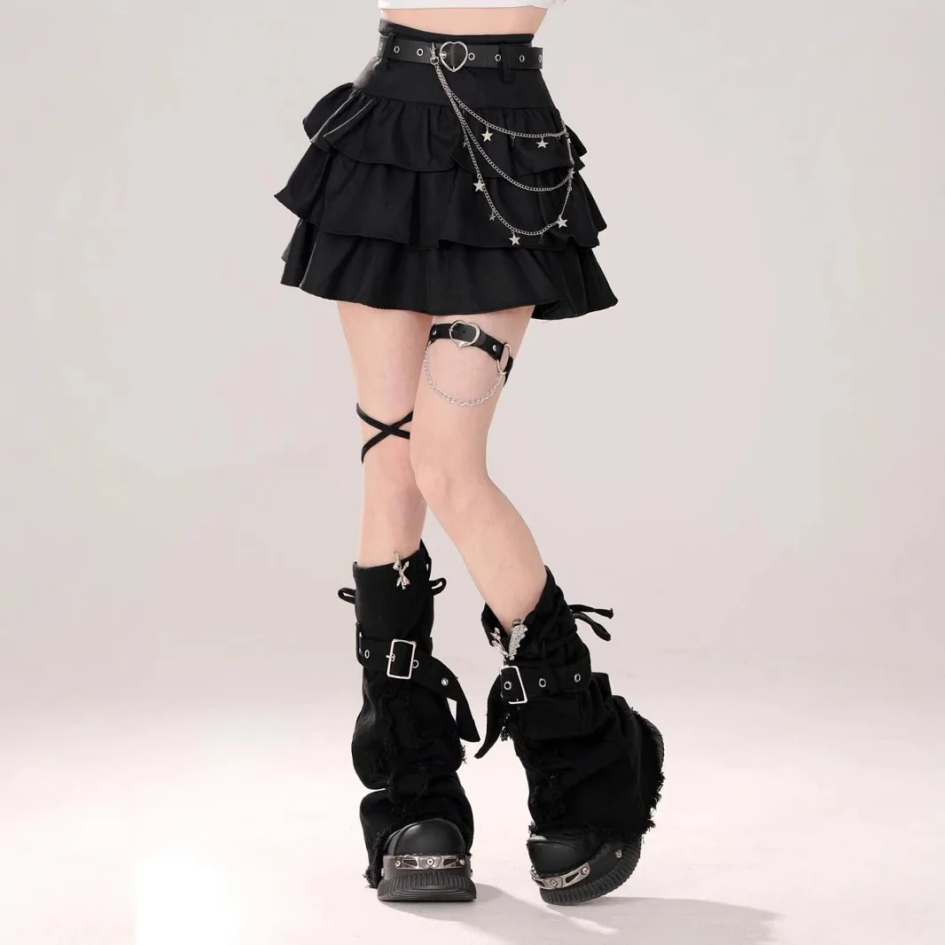 Black Fluffy Cake Skirt Women's Autumn Sweet and Cool Skirt High Waist Love Belt Denim Leg Cover Short Skirt