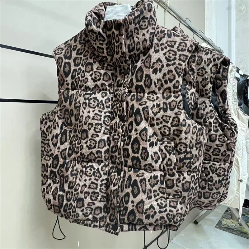 

Autumn Winter Leopard Print Down Cotton Vest Women Thicken Warm Sleeveless Parkas Female Waistcoat Outerwear Ladies Short Top