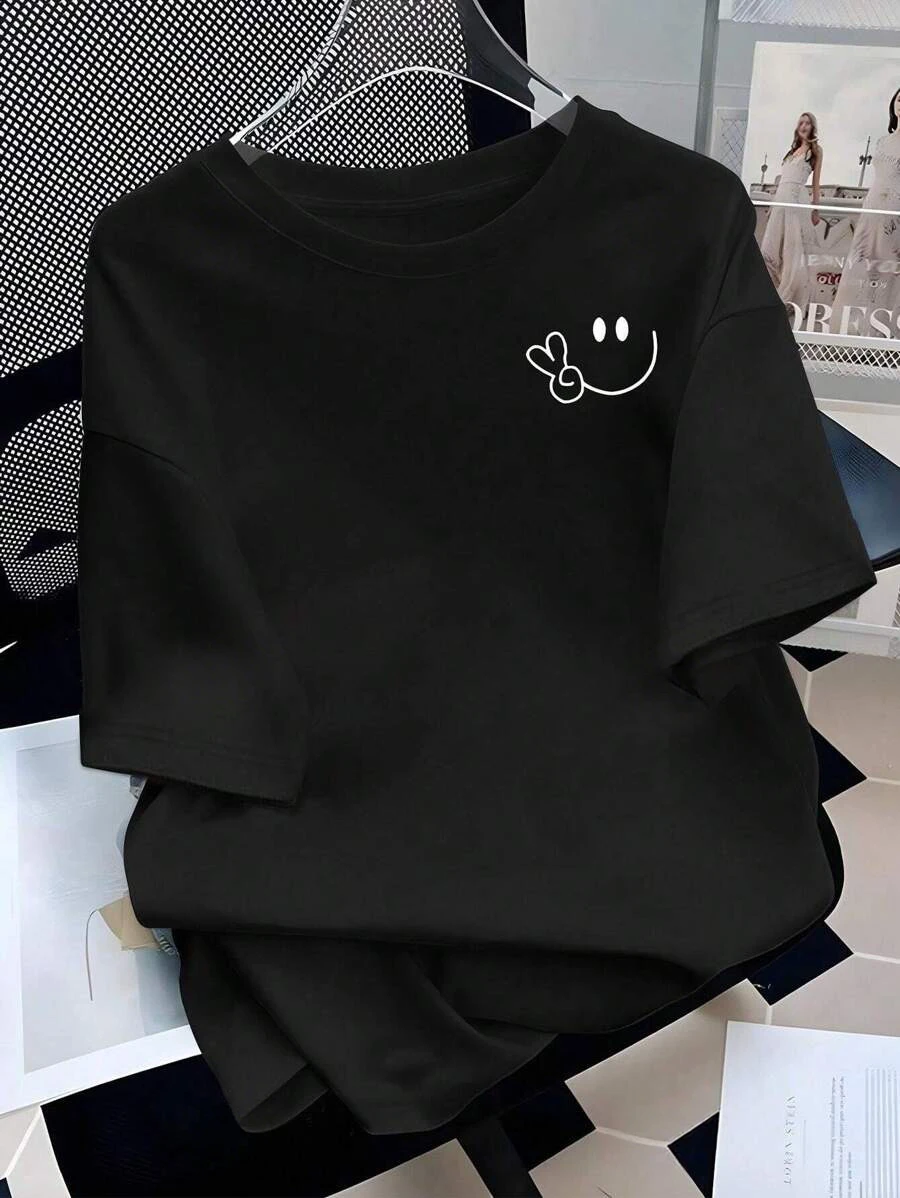 

Plus - Size Women's T-shirt Minimalist Soft and comfortable fabric with smiley face print