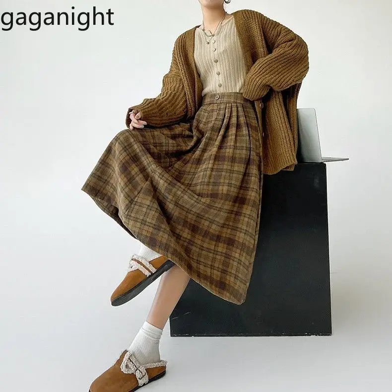 Gaganight Women Khaki Woolen Plaid Skirt Autumn Winter 2024 New Mid Long Style High Waist Slimming A line Umbrella Half Skirt