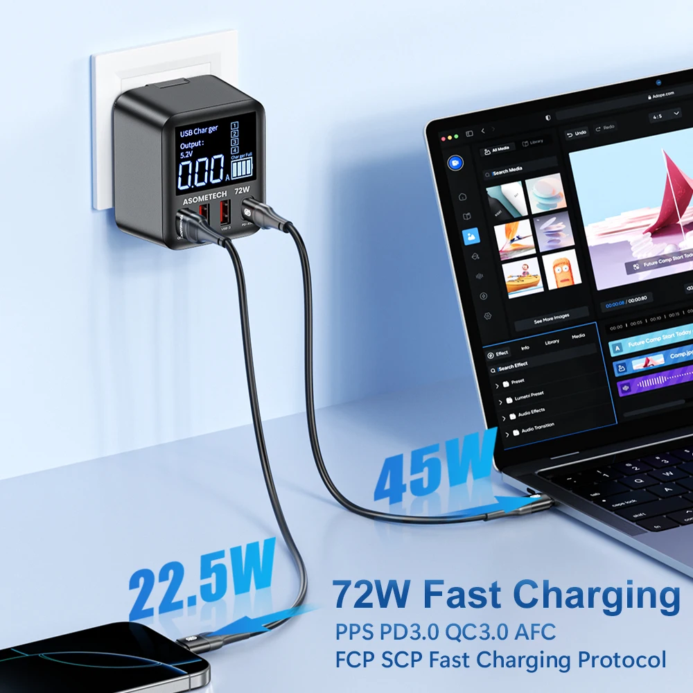 ASOMETECH 72W GaN شاحن USB 4 منافذ مع شاشة LED QC3.0 PD3.0 PPS 45W USB C شاحن سريع آيفون 16 آي باد سامسونج شاومي