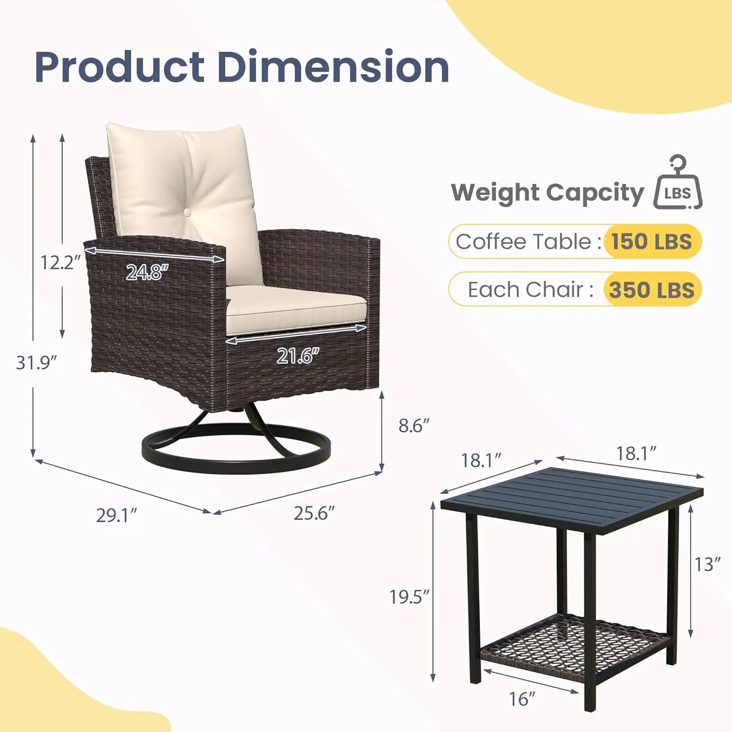 3-Piece Patio Furniture Set Outdoor Swivel Rocker Patio Chairs Furniture Set of 2 with Matching Side Table Washable Cushions for