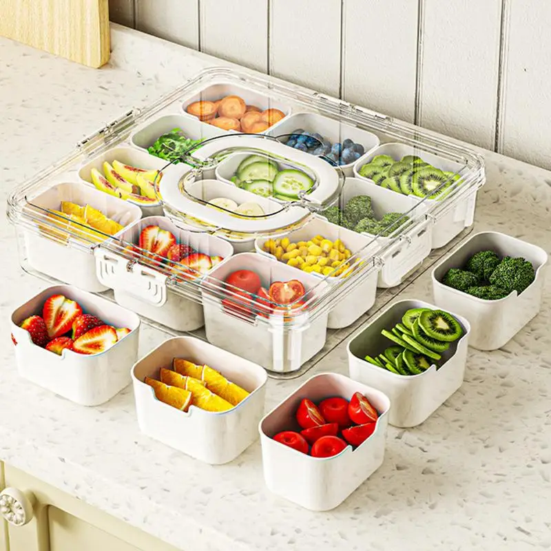 Conteneurs de paquet de collations, boîte de rangement de collations avec couvercle et poignée, plateaux à 12 compartiments pour servir des aliments, légumes, fruits, bonbons, noix