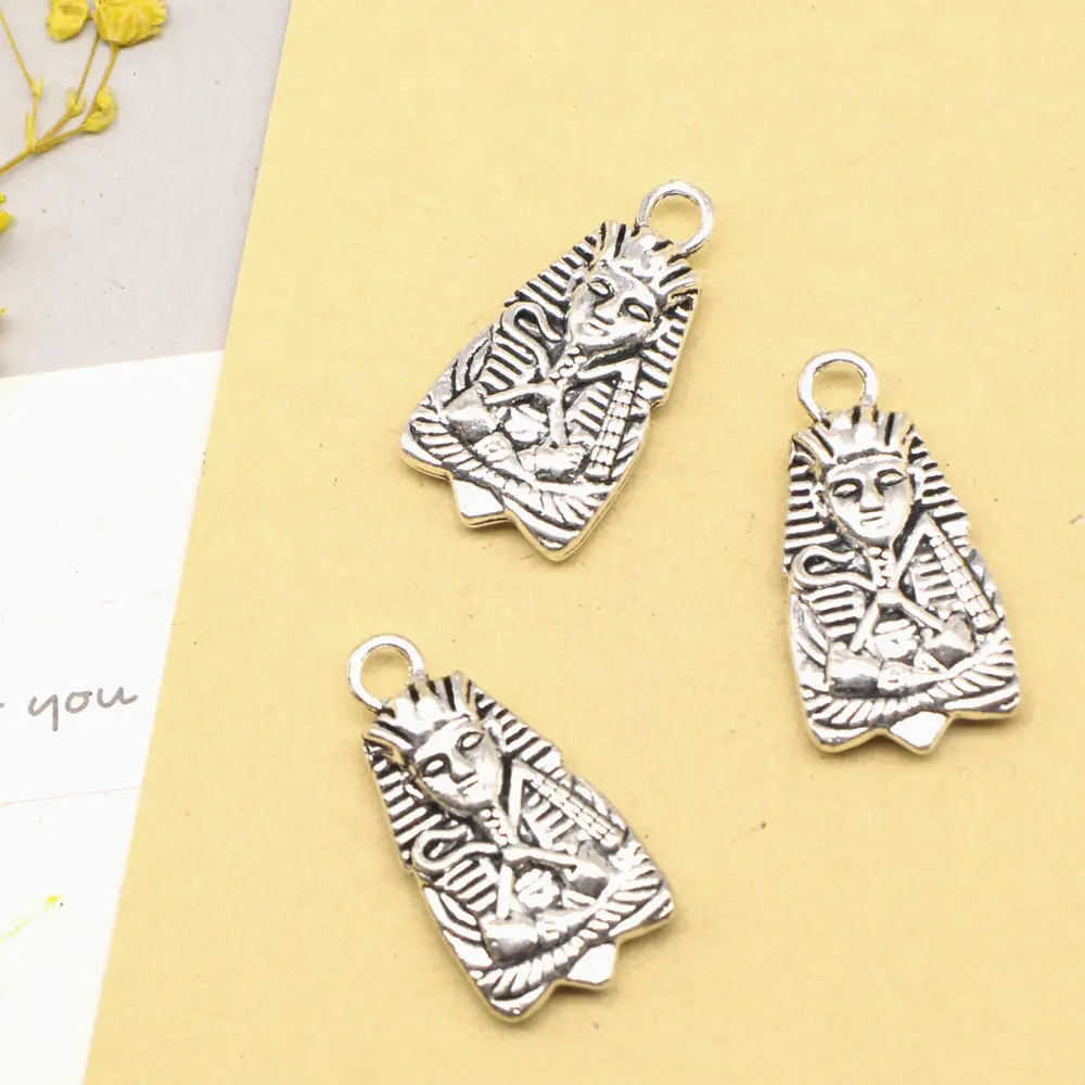 Egyptian Pharaoh Charms Pendants For Jewelry Making Component Jewelry Trendy 14x27mm 3pcs Antique Silver Color