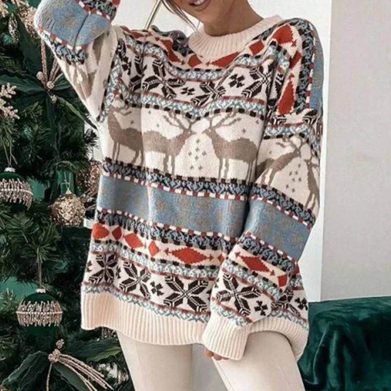 Y2k Style Femme Knitwear Winter Women Christmas Sweater Allover Print Oversized Jumpers Full Sleeve Warm Thick Knit Pullover Top