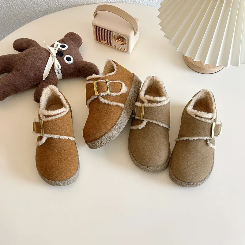 Children's cotton-padded shoes Lambswool Flats Plush Warm Kids Shoes Winter Faux Suede Oxford  Fur Girls T Strap Shoes