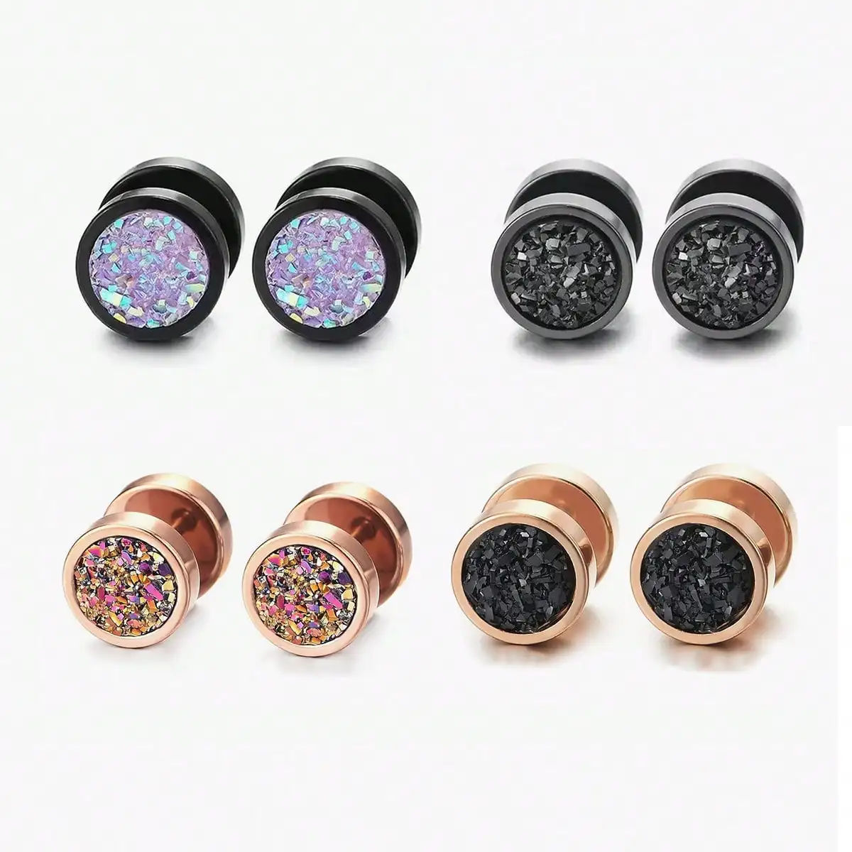 1pair Fashionable Dumbbell Mineral Stone Stainless Steel Stud Earrings For Women And Men, Black Punk Style