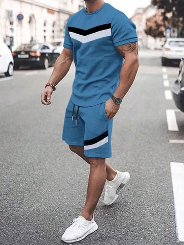 여름 남성 운동복 야외 비즈니스 스타일 캐주얼 T 셔츠 라운드 넥 짧은 소매 정장 Drawstring Elasticized Shorts Suit