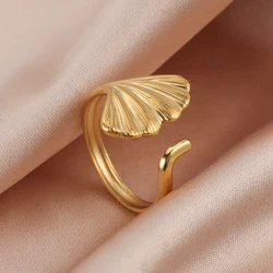 Skyrim New Ginkgo Leaf Finger Rings for Women Stainless Steel Adjustable Gold Color Bohemian Ring 2024 Jewelry Mother Day Gift