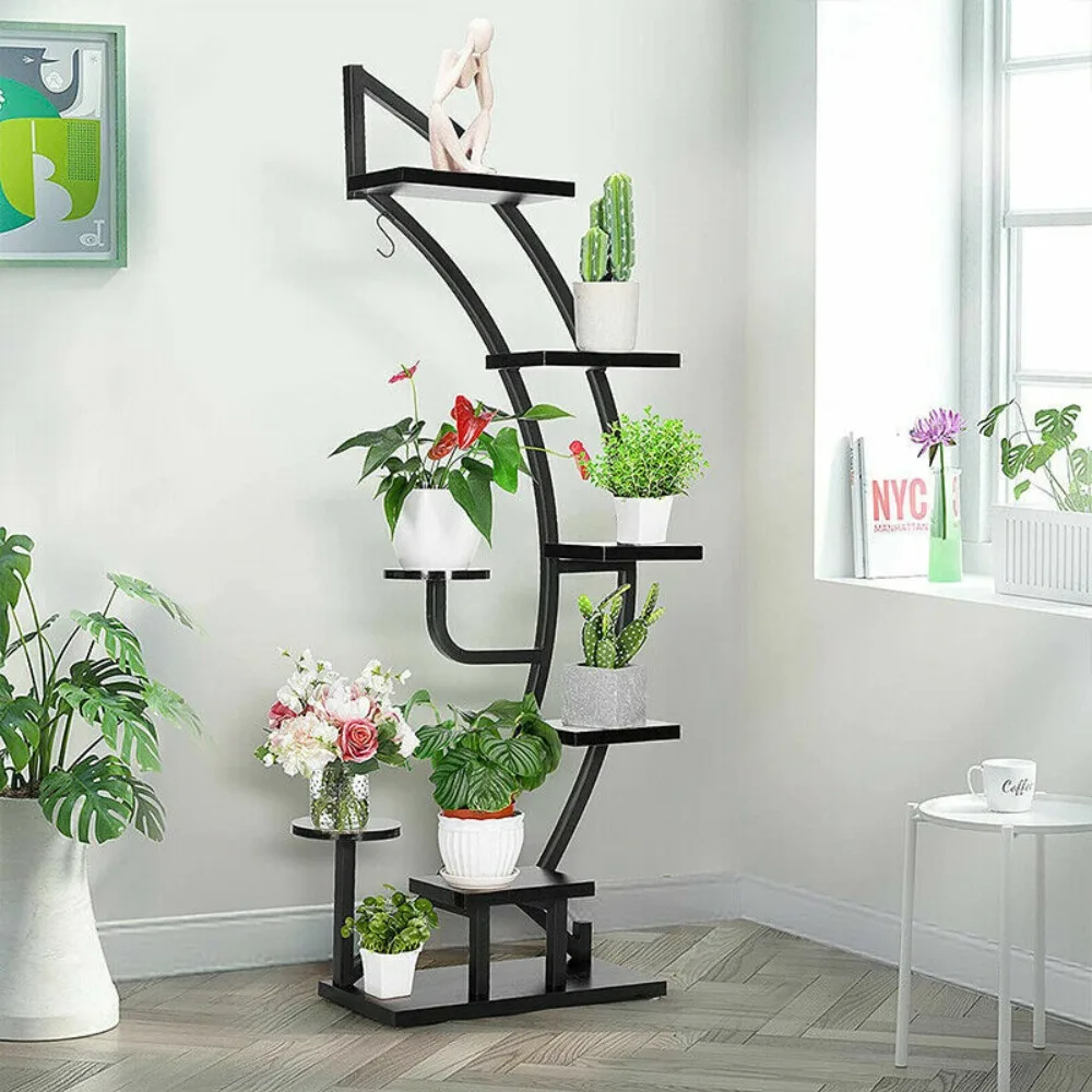 6 Tier 9 Potted Steel-Wood Plant Stand Curved Flower Pot Holder Shelf w/ Hanger