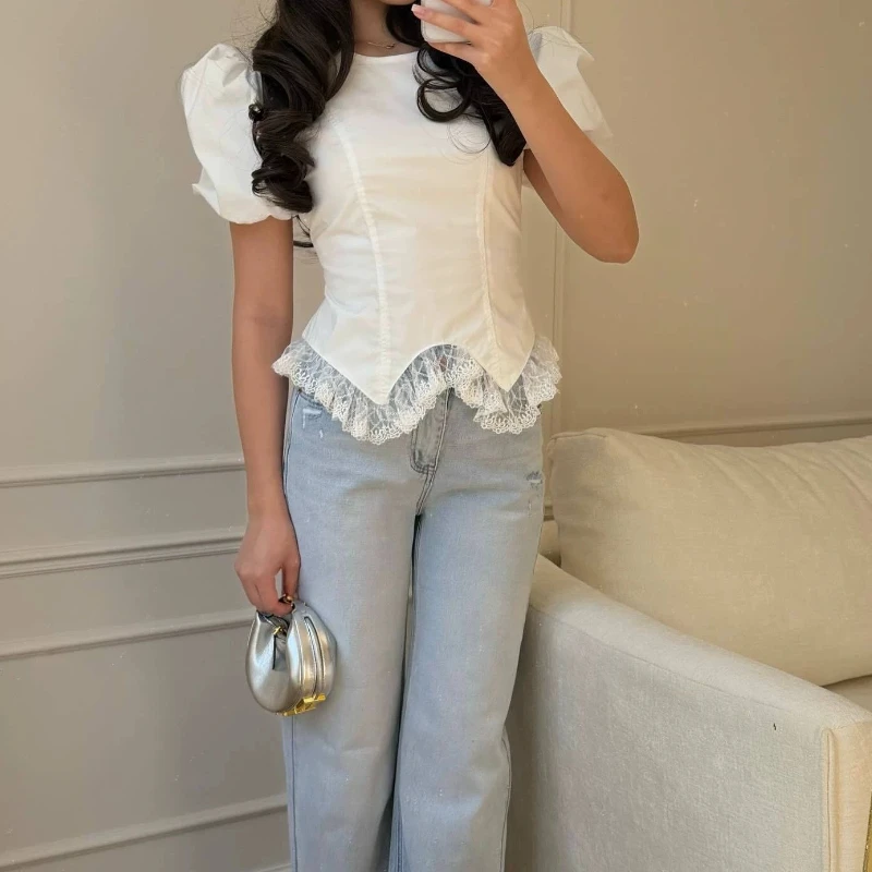2026 New Lace Hem Short Sleeved Shirt with A Stylish Design and Versatile Top