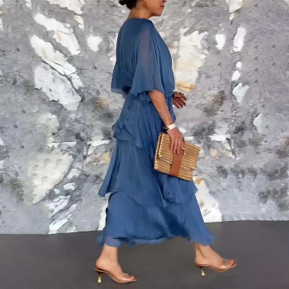 Vestido feminino vintage fluido chiffon plissado meia manga cintura império vestido envoltório franzido decote em v vestidos de balanço em camadas