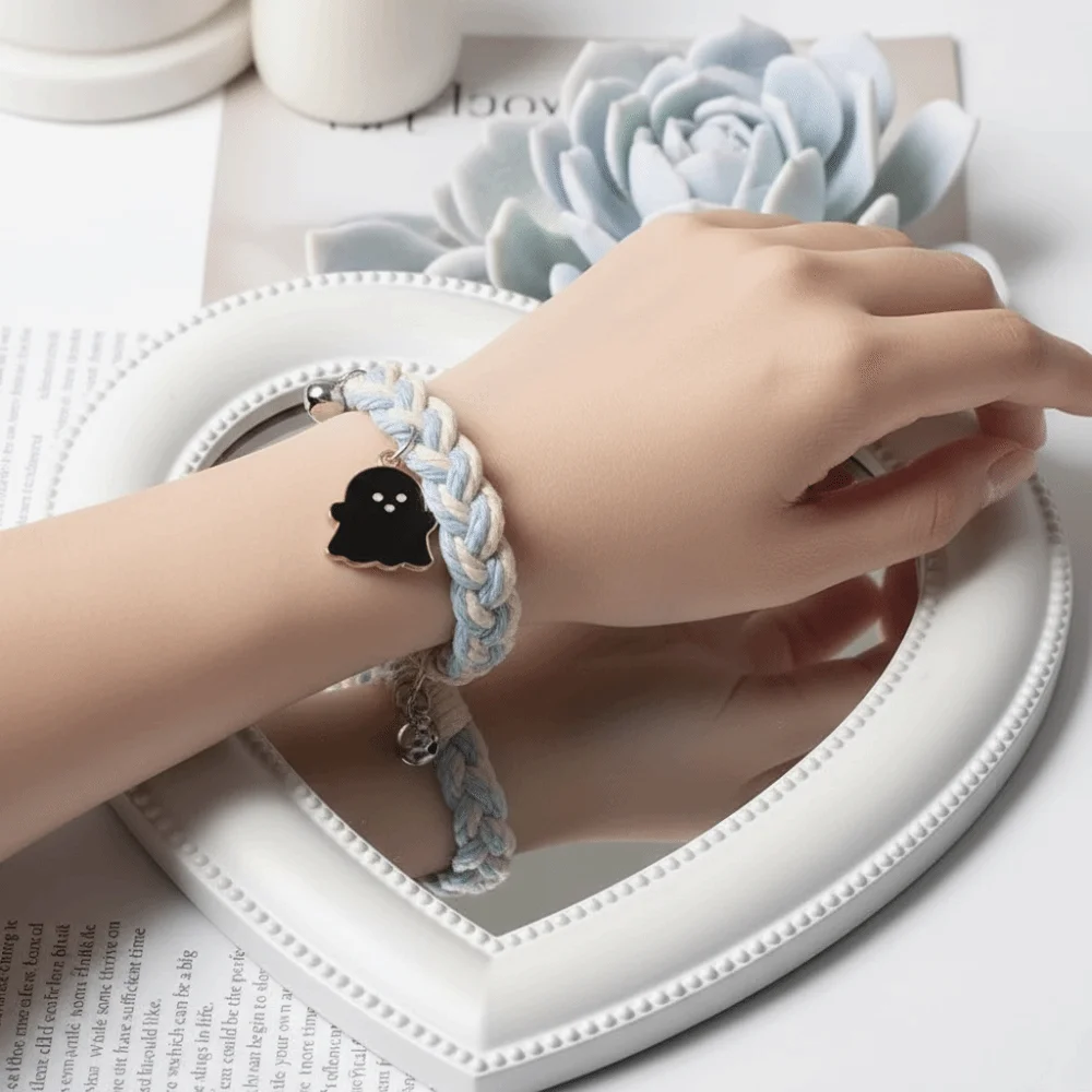 Halloween Cartoon Ghost Magnetic Rope Bracelet Black White Ghost Braided Rope String Magnetic Bracelet Multicolor Magnet