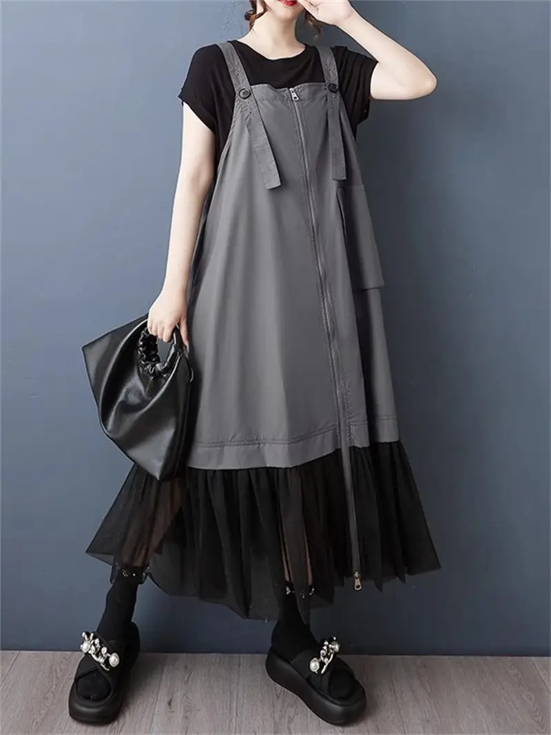 Spaghettiträgerkleid im japanischen Stil mit Mesh-Ausschnitt – lockeres, übergroßes, lässiges Sommerkleid für Damen, modisch und vielseitig G1011