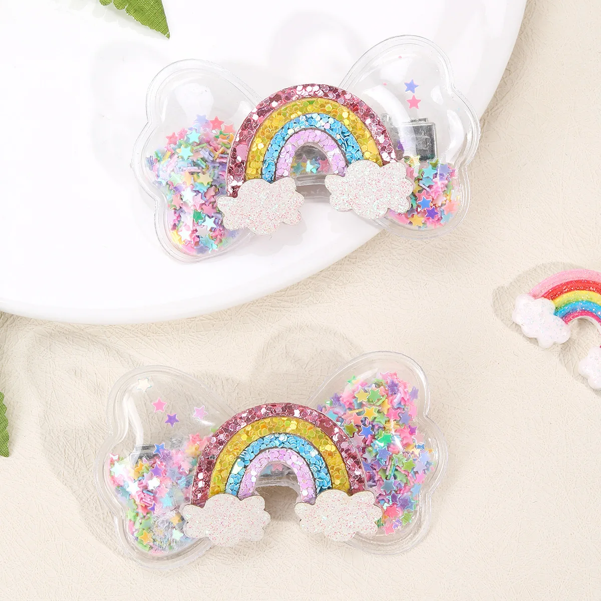 

2Pcs New Quicksand Inflatable Bow Hair Clip Little Princess Cute Rainbow Hair Clip Baby Bangs Broken Hair Side