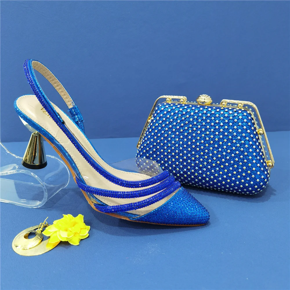 

Blue Color Comfortable Streamline Pointed Stiletto Noble Ladies Shoe Matching Lace Bag Wedding And Friend Party Sandals