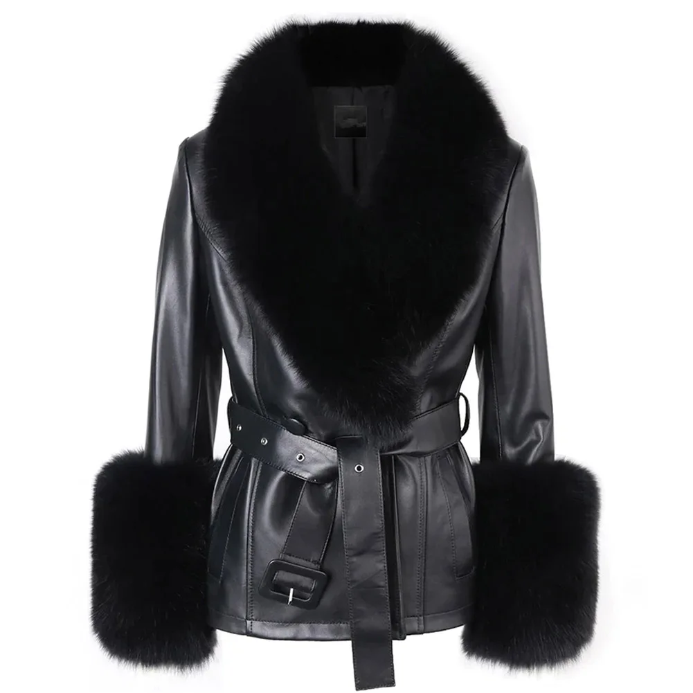 Denny&Dora Short Fur Jacket Black Women Real Fox Fur Collar Genuine Leather Coat Trench Coat