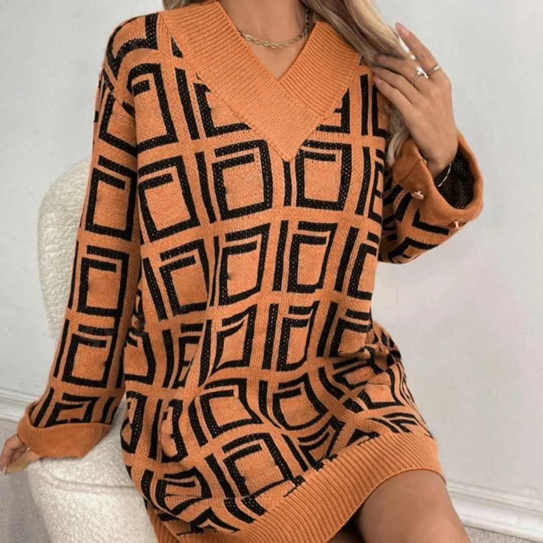 الخريف/الشتاء الخامس الرقبة بسيطة هندسية منقوشة نمط فستان سترة قصيرة غير رسمية مع زر أسفل الأكمام متوهج الملابس النسائية