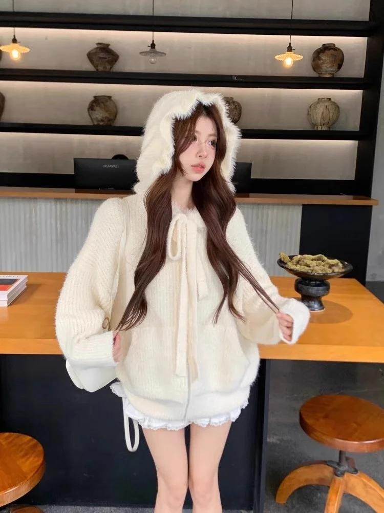Women's Hooded Knitted Sweater Fake Mink hair Soft Zipper Autumn Winter Loose Pure White Cardigan Coat Commute Sle