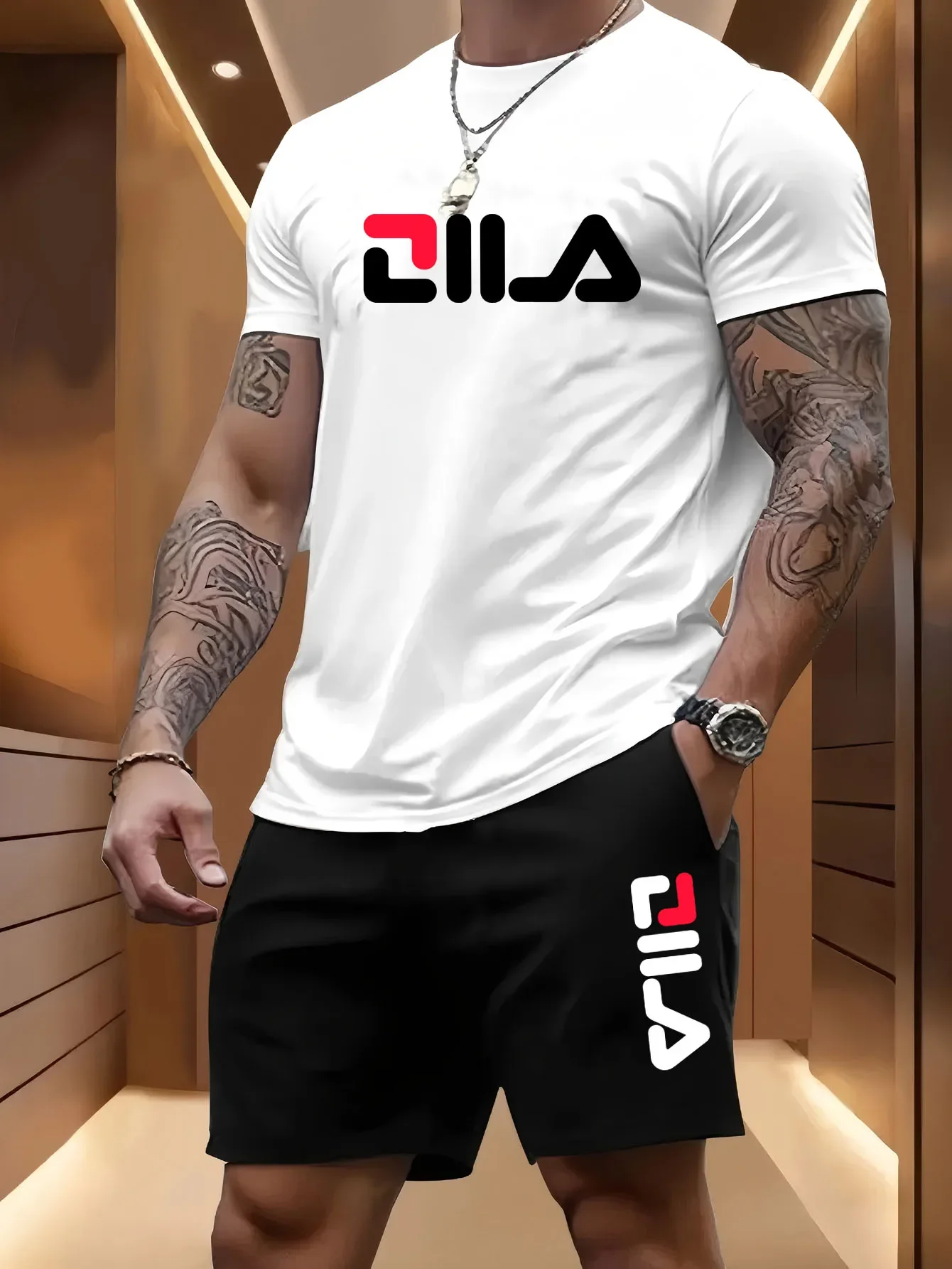 

Men's Summer Beach Sports Suit Casual Outdoor Basketball Sports Comfortable Two-Piece Set with Fashion Loose T-Shirt And Shorts