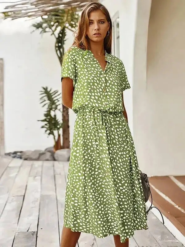 Vintage Floral Print Dress Women Boho Short Sleeve Long Dress Turn Down Collar Casual Waistband Shirt Dresses Robe Summer M5H1