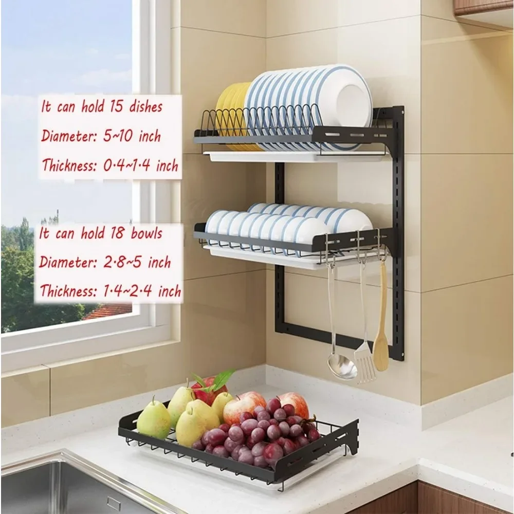 %a 3 Tier Black Stainless Steel Dish Drying Rack Fruit Vegetable Storage Basket with Drainboard