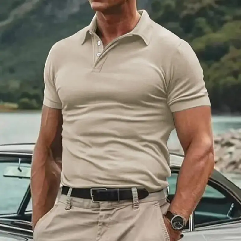 

Summer Casual Men's Shirt Short Sleeve Striped Pattern Flip Collar Sporty Style Pure Color T-Shirt for Men
