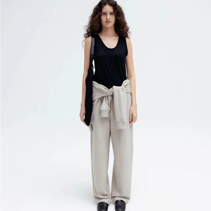 ارتفاع الخصر Dstring مريحة مستقيم الساق التخسيس Sweatpants غير المتماثلة تخفيف Sle فضفاضة تناسب السراويل الطويلة #4