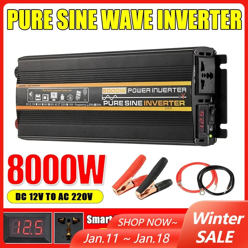 Pure Sine Wave Inverter 12V 24V TO 220V 8000W/6000W/4000W/3000W DC TO AC Voltage Converter Transformer with Universal Socket