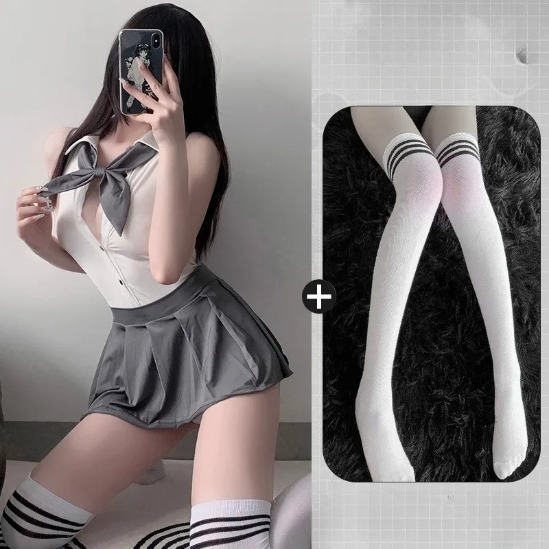 Lingerie sexy feminina vazada, sem tirar, roupa fofa de estudante, estilo universitário, jk, peça única, uniforme de dramatização, tentador