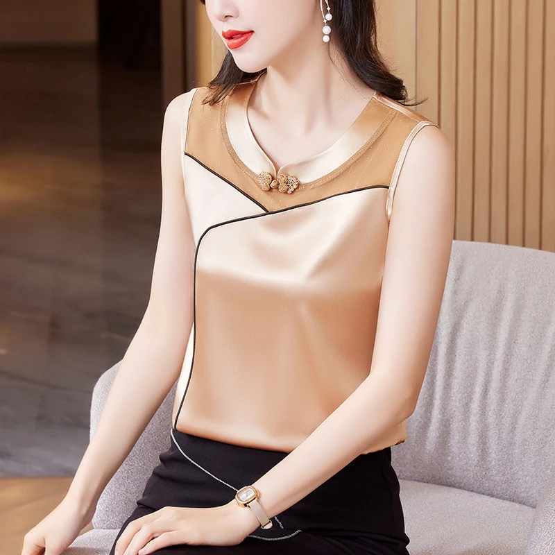 M-5XL 2024 New Fashion Women Tank top Spring Summer Sleeveless Silk Satin Vest Shirt Patchwork Mesh Clothing