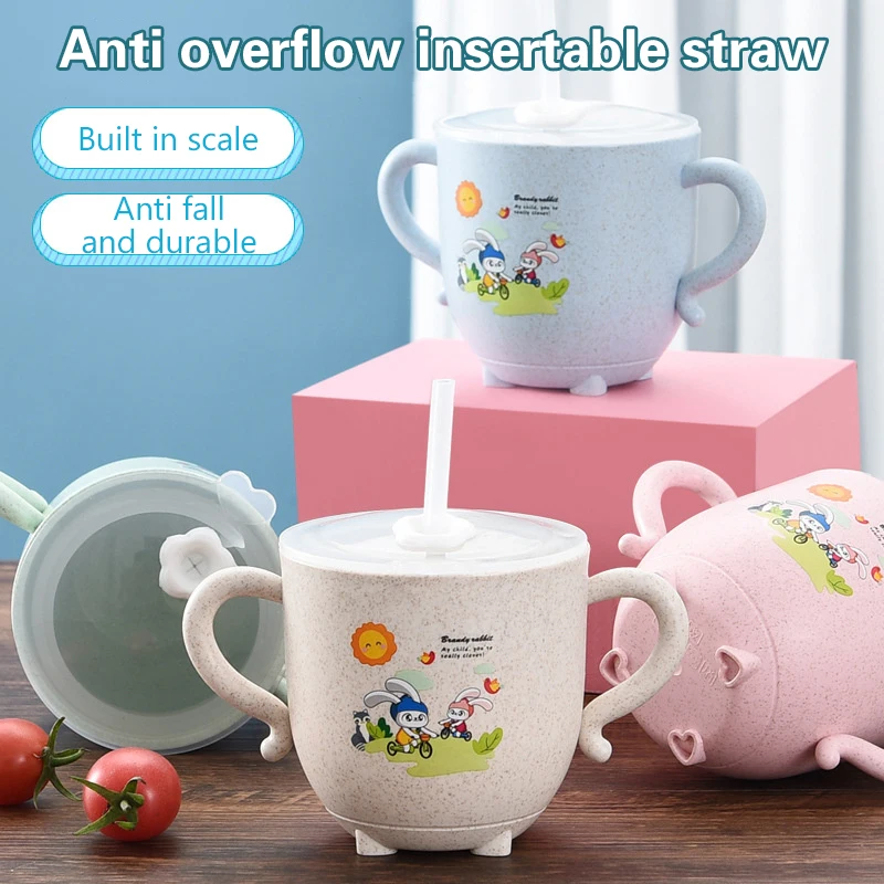 

Baby Drinking Cups Environmental Wheat Straw Cute Child Feeding Cup With Double Handle Lid And Straw Infant Training Cup