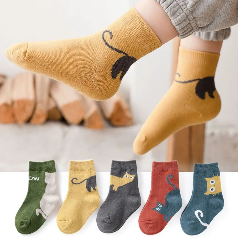 

5 Pairs Cotton Kids Crew Socks Cat Design Comfortable Toddler Baby Mid-Calf Socks Breathable Spring Autumn Children's Socks