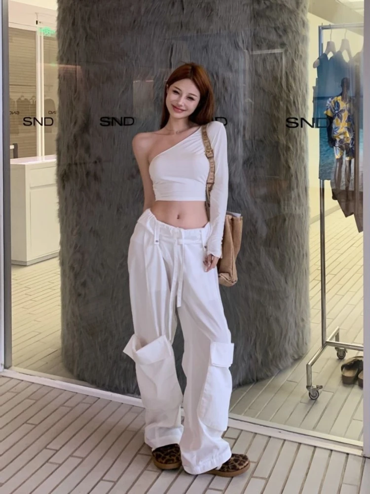 Women's Y2K Sweet Edgy White Set - High Waist Wide Leg Cargo Pants with Drawstring & One-Shoulder Crop Top for Spring Summer EMO