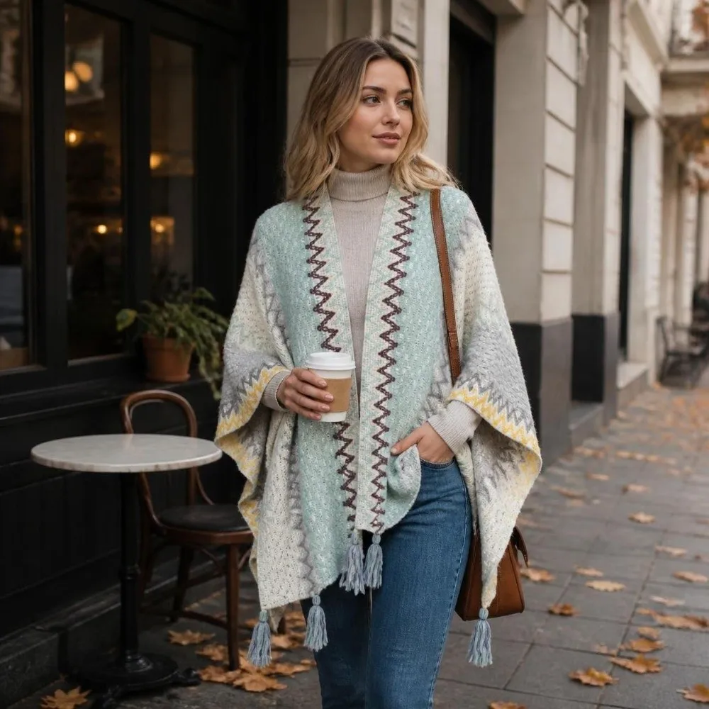 Vintage Striped Pattern Knit Poncho Cape Ethnic Print Long Tassel Tassel Knit Shawl Oversized Warm Open Front Poncho Travel Wear