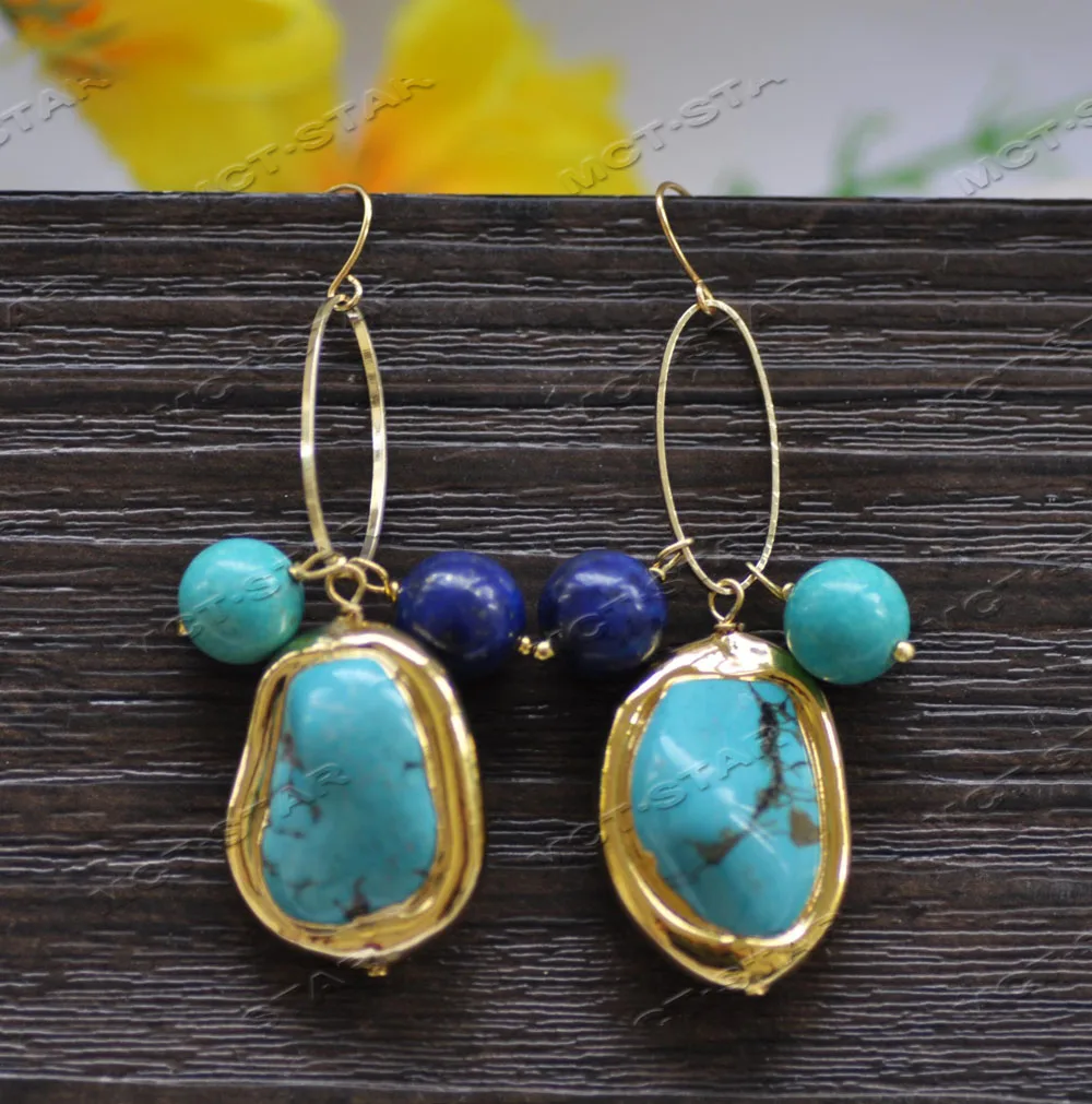 Z12654 Set 25mm Green Baroque Turquoise Blue Lapis Lazuli Gold-Plated Chain Necklace Bracelet Earring