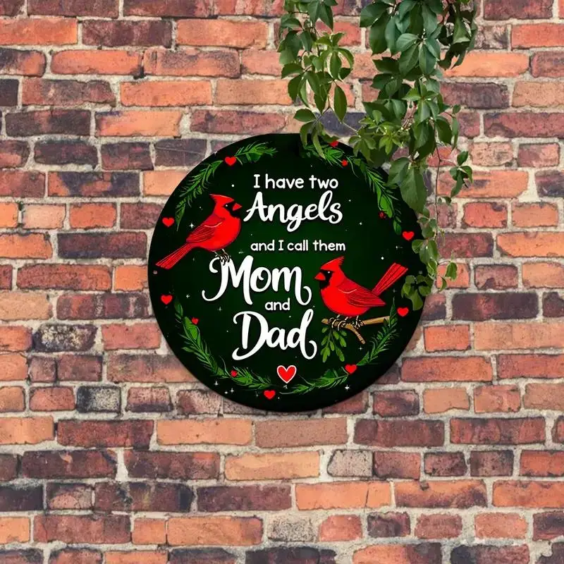 Vintage Metal Wall Plaque - Mom & Dad Angel Names with Red Cardinal Birds & Hearts, Family Keepsake Sign for Parents, 8.0x8.0inc
