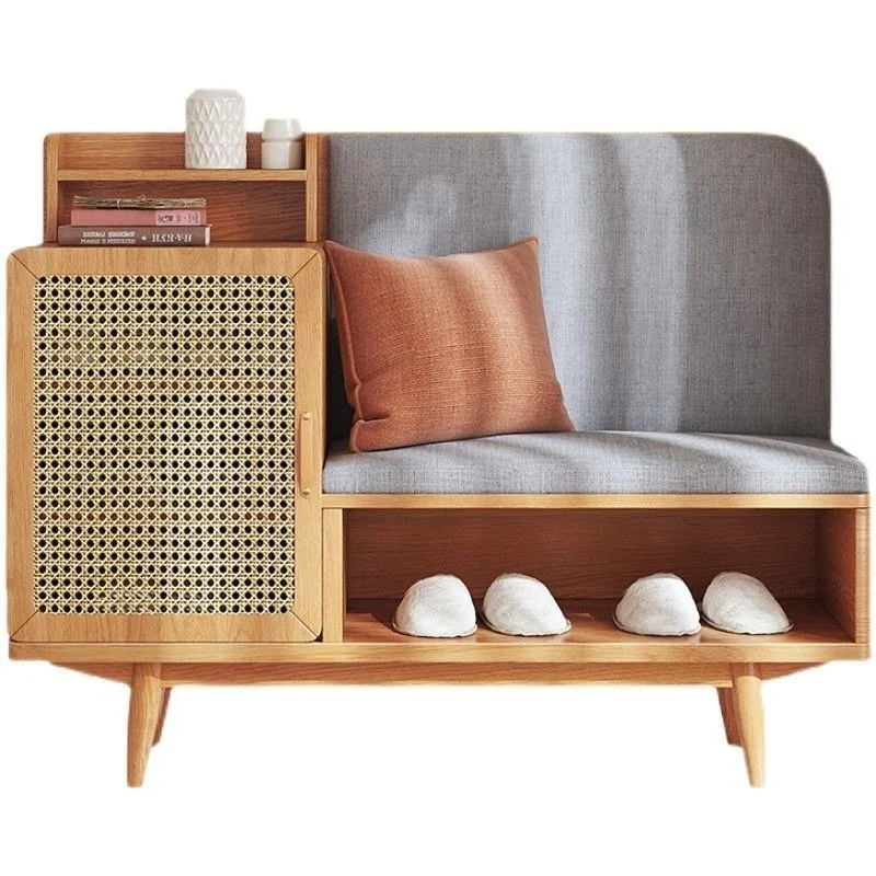Soft bag rattan shoe changing stool, shoe stool that can be seated at the door of the home, solid wood entrance bedroom