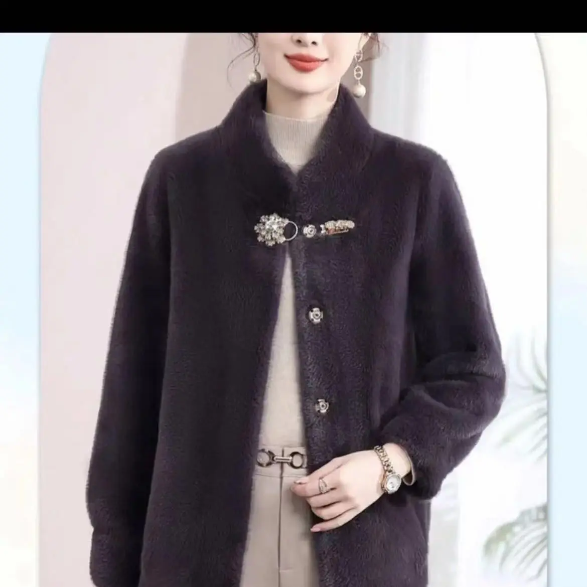 Abrigo de piel sintética para mujer, abrigo de lana de visón con cuello levantado, chaqueta de piel corta de manga larga de felpa y respetuosa con el medio ambiente Wh114