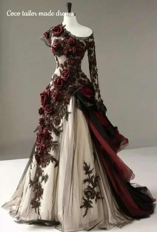 Gothic Burgundy Rose Flowers Prom Dress Black Lace Appliques Ruched Vintage Victorian Evening Gowns One Shoulder Customized image 2