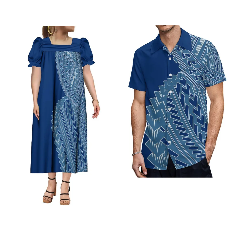 Conjuntos de pareja polinesiana para mujer, vestido Mumu personalizado, camisa de manga corta, ropa de verano, Microsia