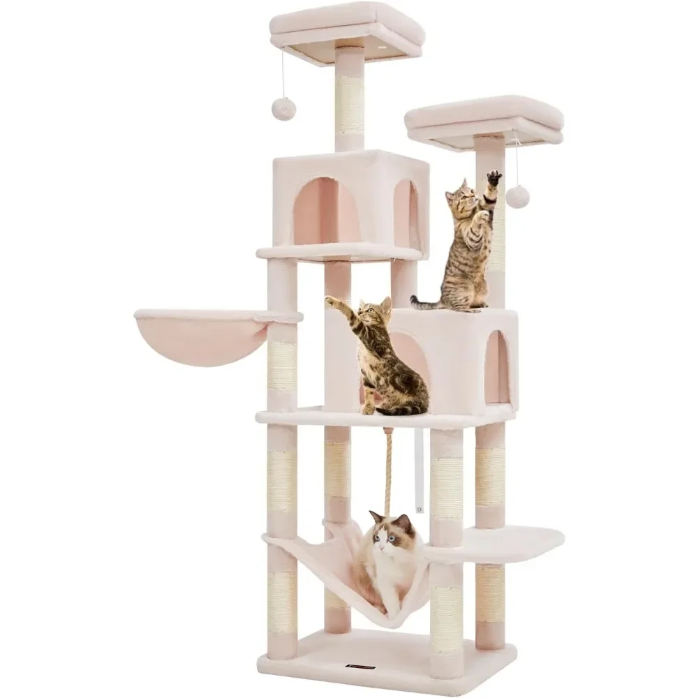 

Cat Tree, 66.2-Inch Cat Tower for Indoor Cats, Plush Multi-Level Cat Condo with 12 Scratching Posts, 2 Caves, Hammock,