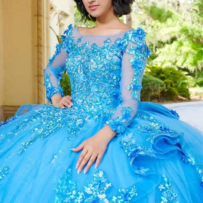 

Blue Long Sleeve Quinceanera Dress 2024 Ball Gown Lace Appliques Beaded Sweet 16 Dress Vestidos De 15 Años YQD137