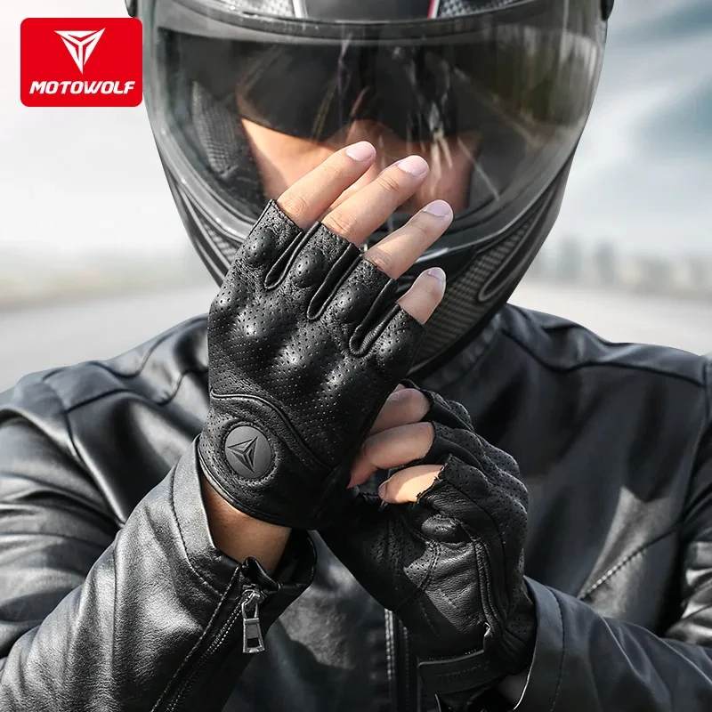 

Motowolf Summer Motorcycle Riding Gloves Men Black Half Finger Retro Breathable Genuine Leather Anti Drop Perforated Gloves