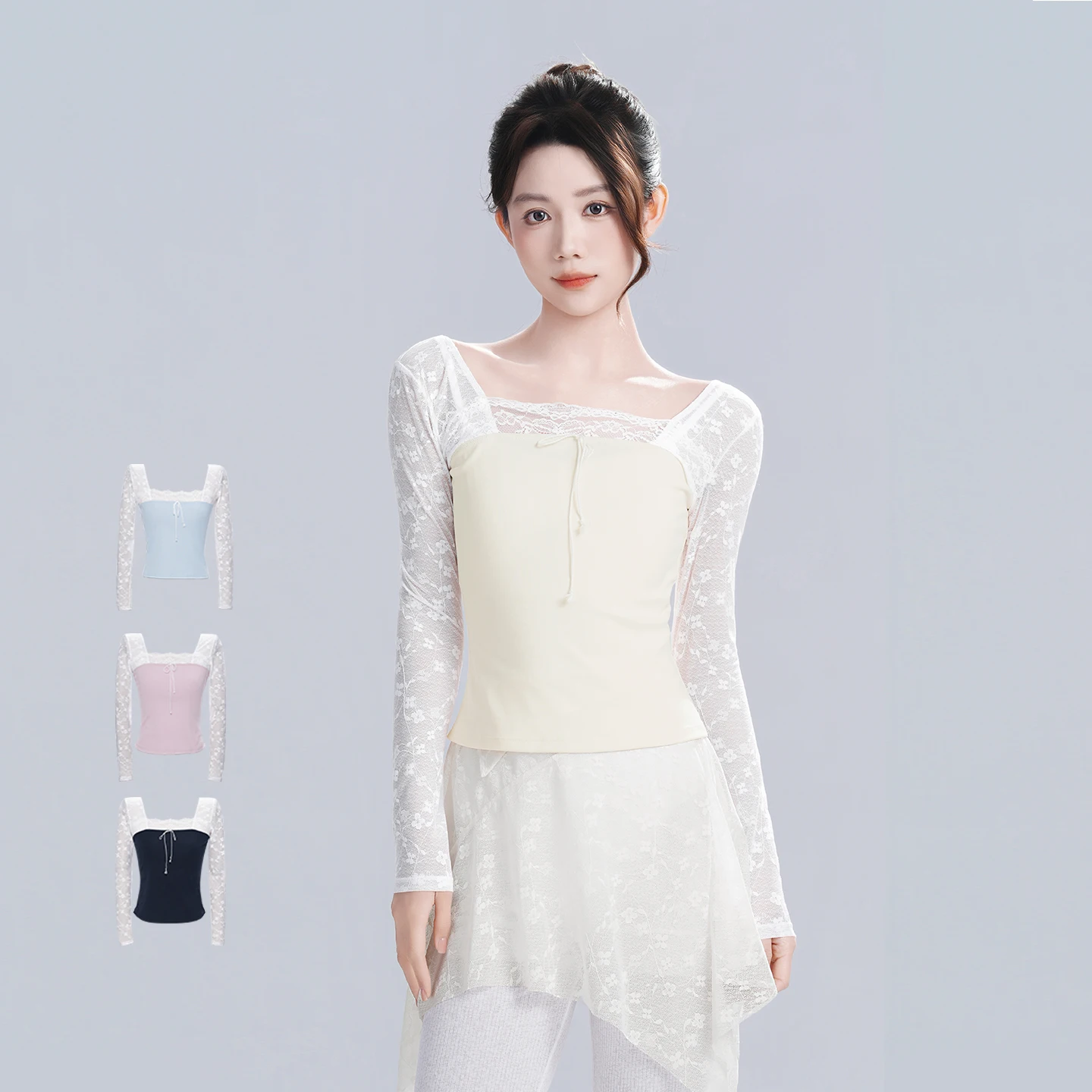 

Women Lace Splice Dance Tops Square Collar Dance Tops Girls Classical Long Sleeve Ballet Tops Modern Dance Blouse