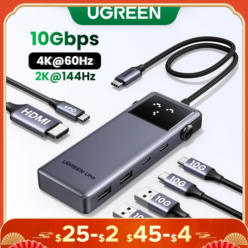 UGREEN Uno USB C HUB 6-in-1 4K60Hz PD100W 10Gbps USB3.2 Splitter Adapter for Laptop Macbook Pro Air USB Expander Docking Station