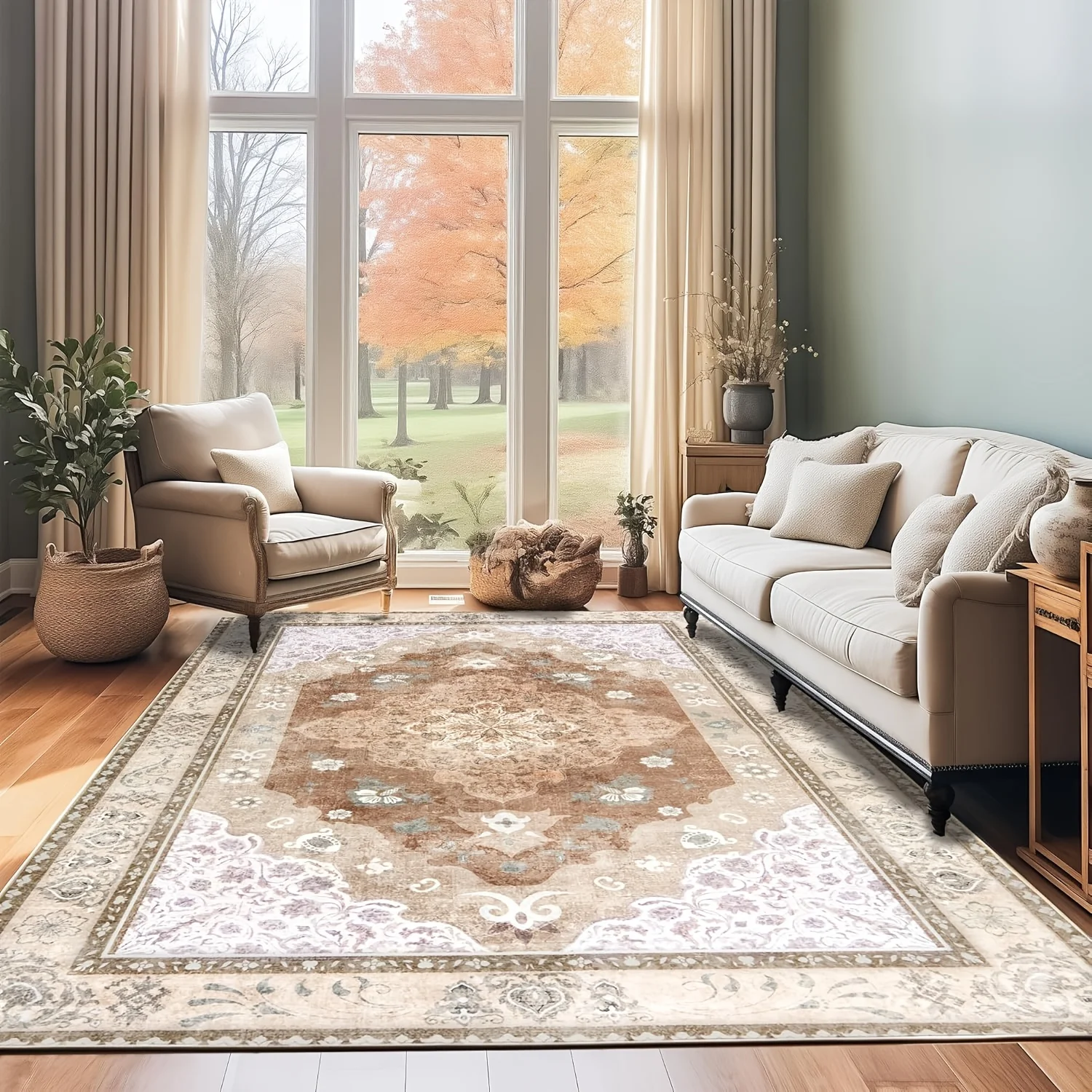 

Gnizama Vintage Light Brown Floral Living Room/Bedroom Rug, Washable Vintage Floral Living Room Rug, Large Area Rug for Bedroom.
