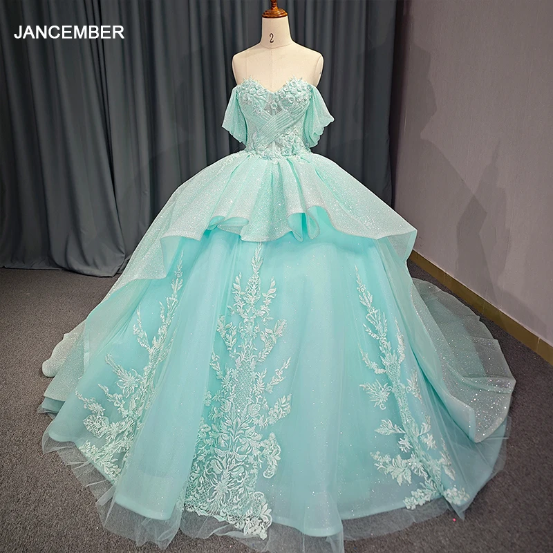 Espartilho vestido de baile 2025 tule renda colher fora do ombro até o chão personalizado quinceanera anos vestido transporte da gota dy9995